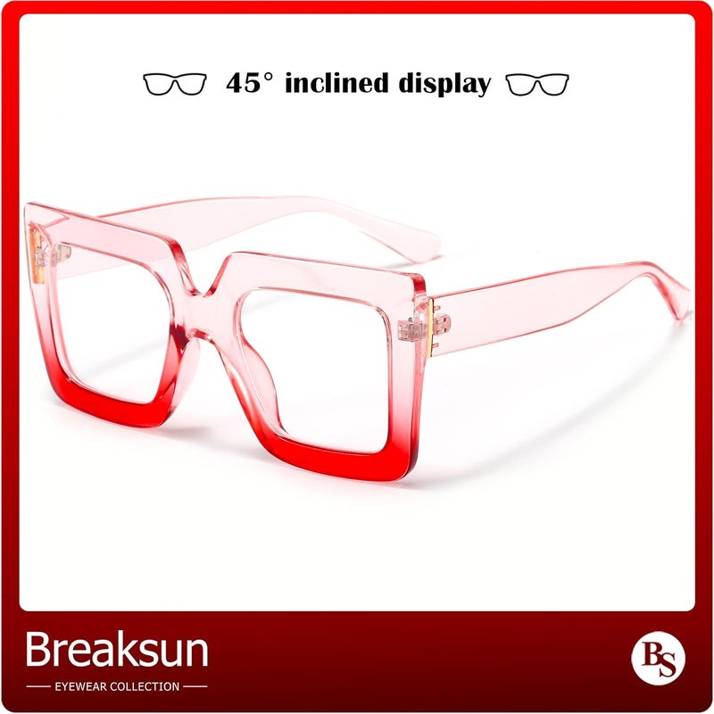 Breaksun Oversized Blue Light Glasses for Women Fashion Thick Square Computer Eyewear Non-Prescription Black Glasses (Pink Red) - Image 4